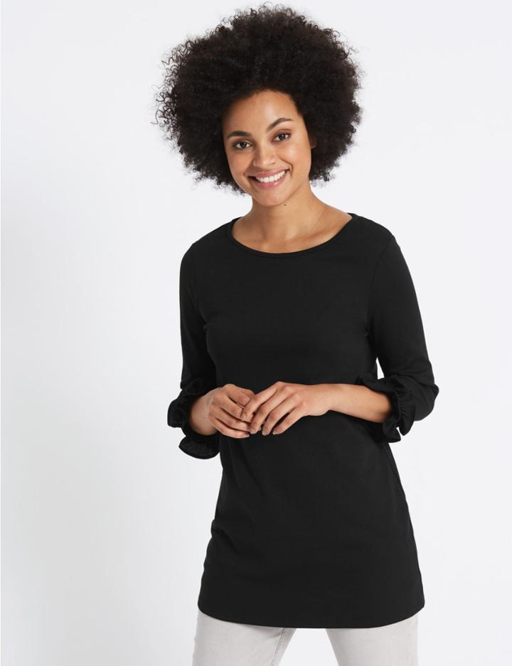 Marks & Spencer Cotton Rich Ruffle Cuff 3/4 Sleeve Tunic Black