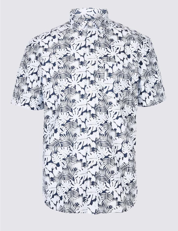 Marks & Spencer Easy To Iron Pure Cotton Printed Shirt Chambray Mix