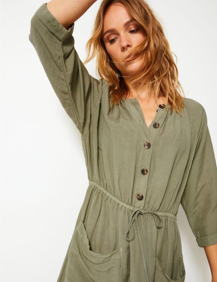 Marks & Spencer Linen Blend 3/4 Sleeve Waisted Midi Dress Dark Almond