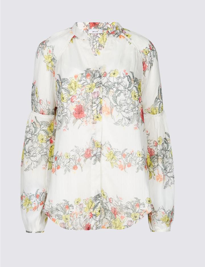 Marks & Spencer Floral Print Notch Neck Long Sleeve Blouse Yellow Mix
