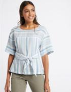 Marks & Spencer Pure Linen Striped Half Sleeve Blouse Blue Mix