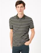 Marks & Spencer Pure Cotton Striped Polo Shirt Khaki Mix