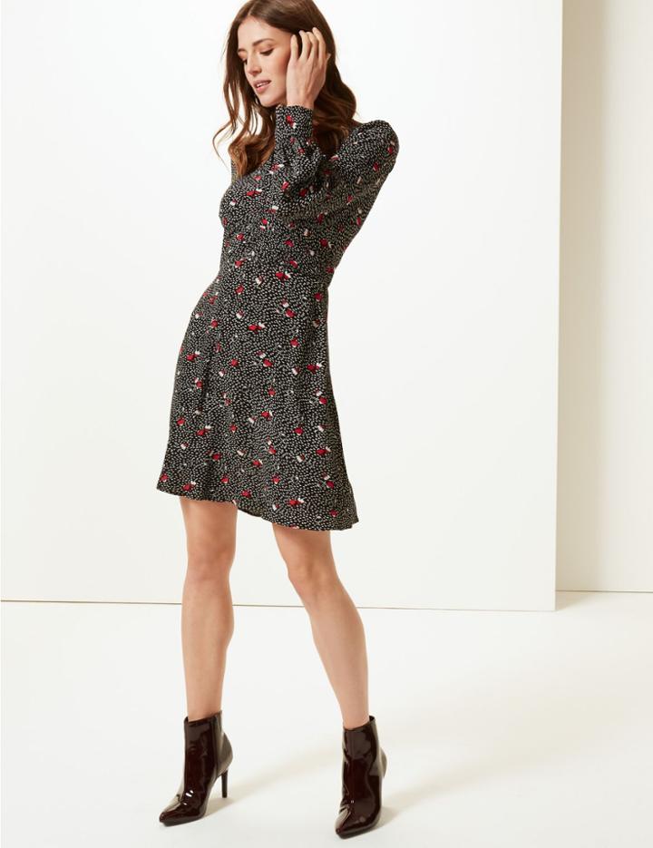 Marks & Spencer Printed Long Sleeve Tea Dress Black Mix