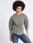 Marks & Spencer Cotton Blend Curved Sleeve Round Neck Top Grey