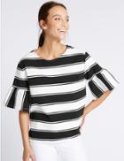 Marks & Spencer Plus Striped Flare Sleeve T-shirt Black Mix