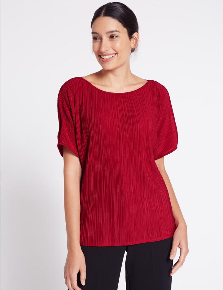 Marks & Spencer Plisse Slash Neck Split Sleeve T-shirt Red