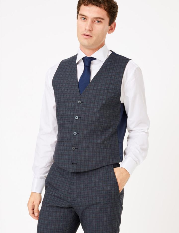 Marks & Spencer Tailored Fit Checked Waistcoat Teal