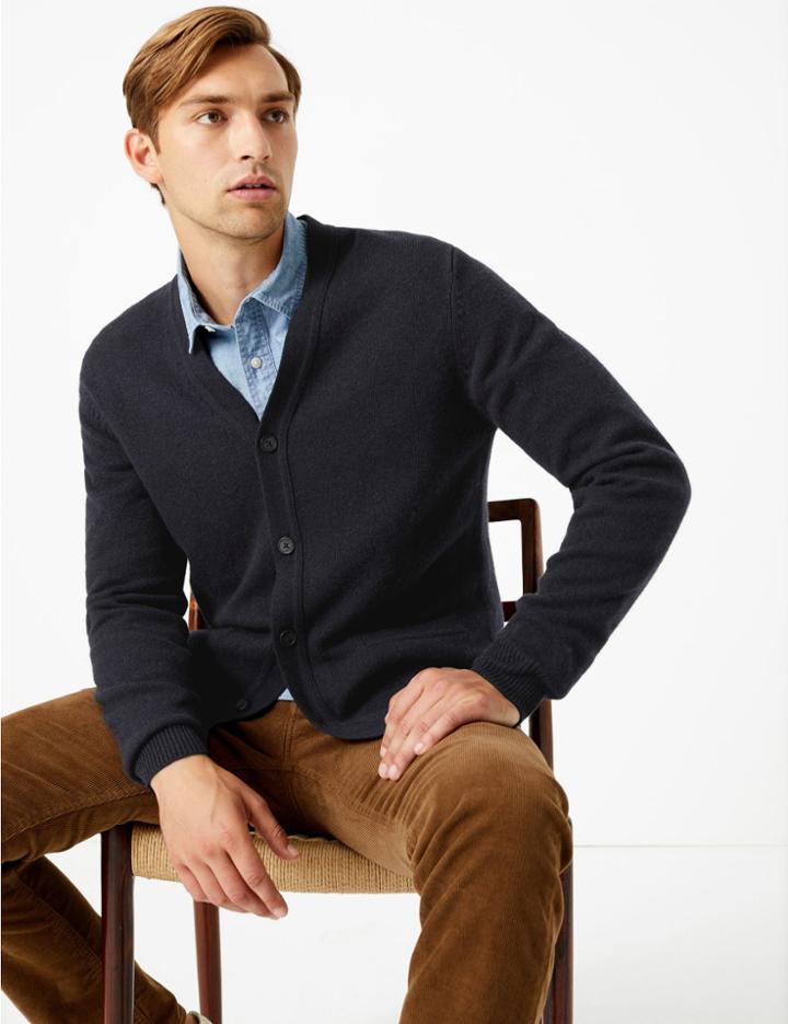 Marks & Spencer Pure Lambswool V Neck Cardigan Dark Navy