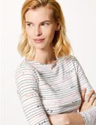 Marks & Spencer Striped Slash Neck Fitted T-shirt White Mix