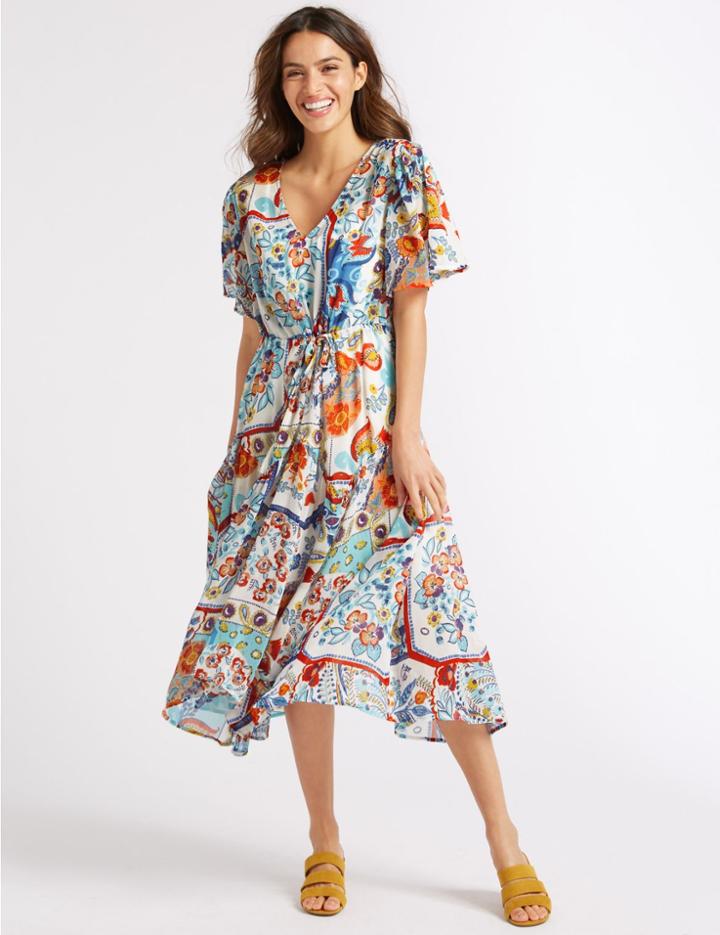 Marks & Spencer Floral Print Half Sleeve Tea Midi Dress Multi