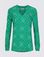 Marks & Spencer Printed Notch Neck Long Sleeve Blouse Jade