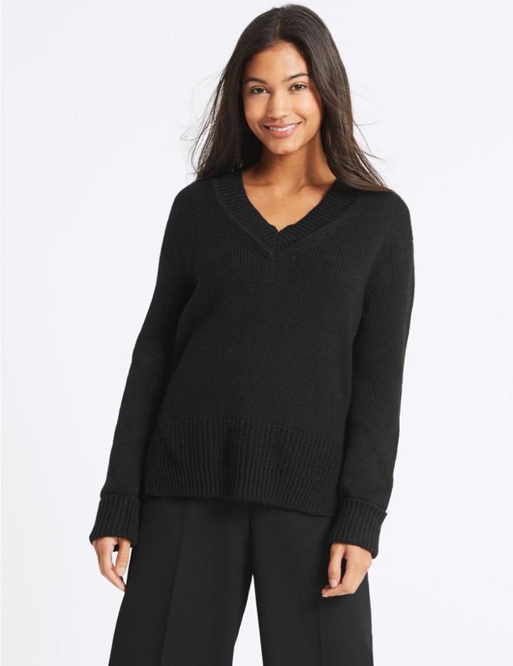 Marks & Spencer Cotton Blend V-neck Jumper Black