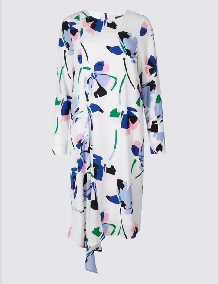 Marks & Spencer Floral Print Asymmetric Tunic Dress Ivory Mix