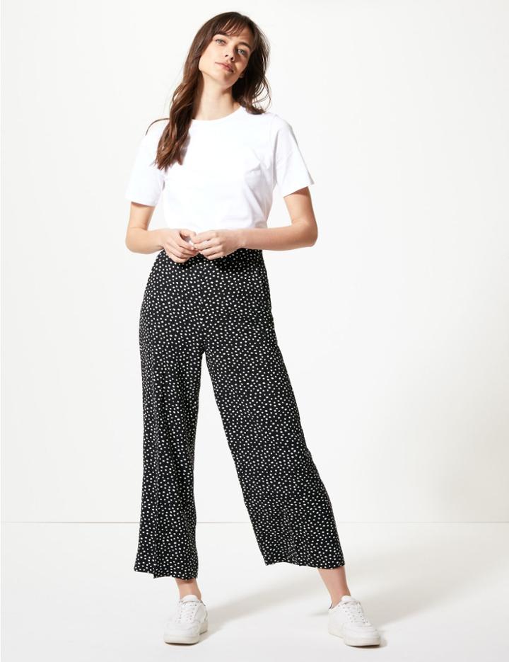 Marks & Spencer Polka Dot Wide Leg Ankle Grazer Trousers Black Mix