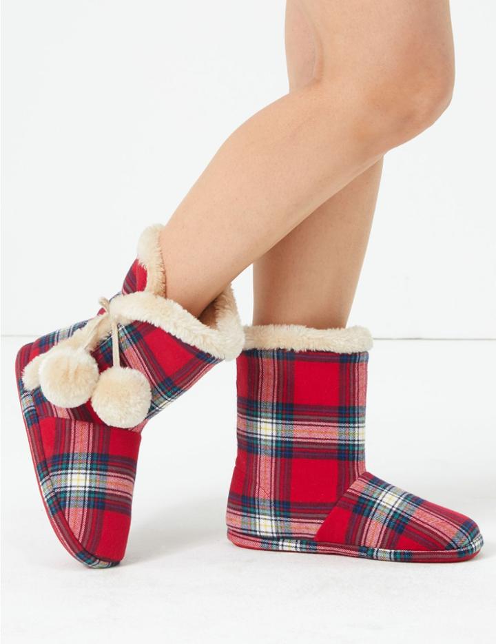 Marks & Spencer Checked Pom Pom Slipper Boots Red Mix