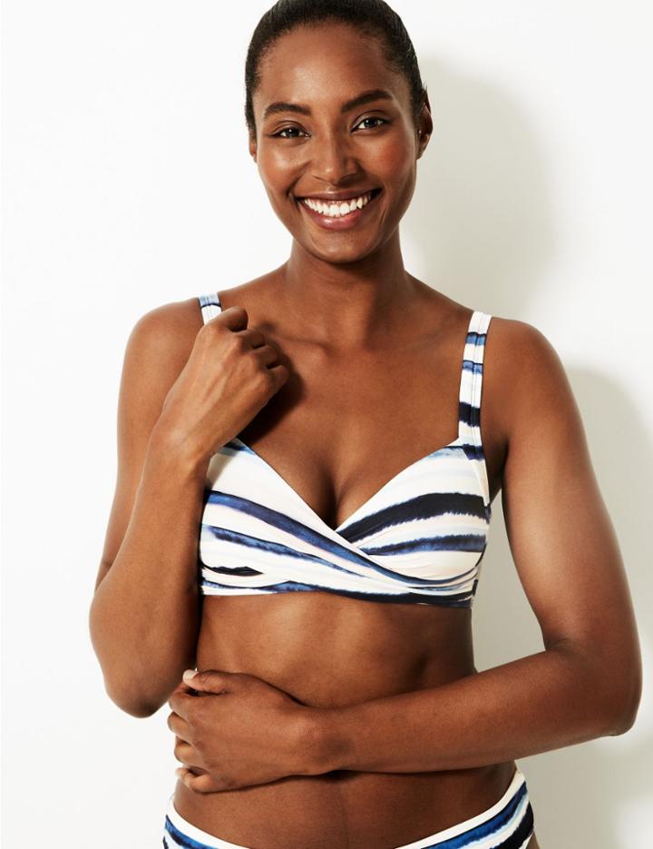 Marks & Spencer Water Stripe Plunge Bikini Top Blue Mix