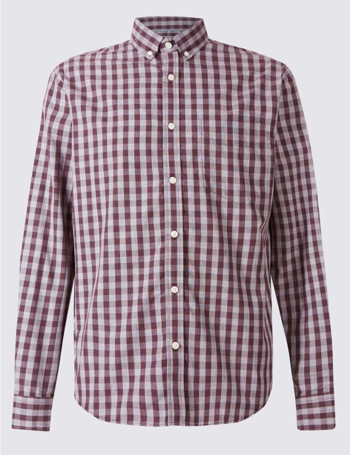 Marks & Spencer Pure Cotton Checked Shirt With Pocket Aubergine