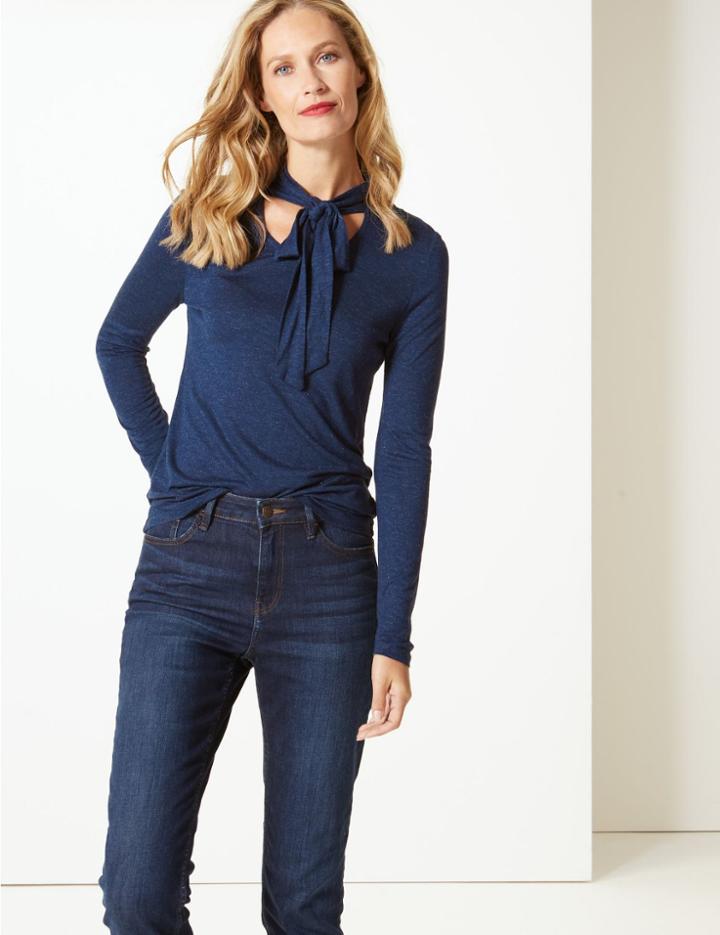 Marks & Spencer Sparkle Notch Neck Long Sleeve Top Navy