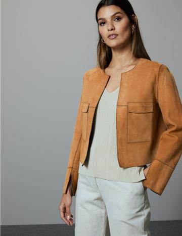 Marks & Spencer Leather Open Front Short Jacket Brown Mix