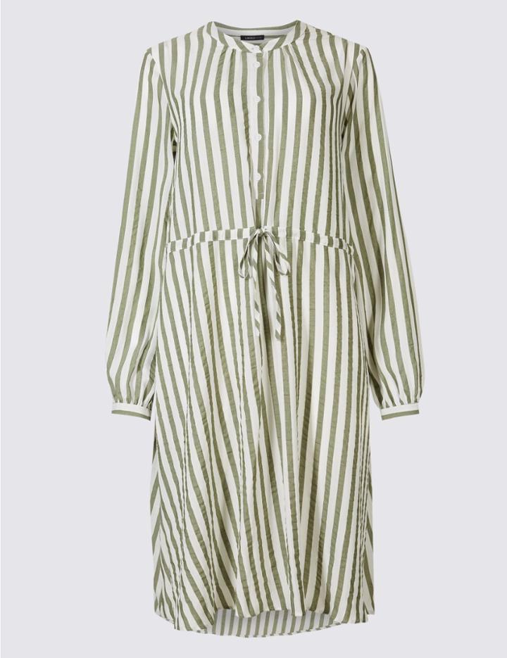 Marks & Spencer Striped Long Sleeve Tunic Midi Dress Khaki Mix