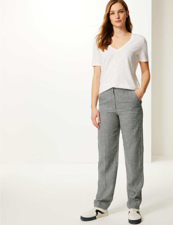 Marks & Spencer Linen Rich Checked Straight Leg Trousers Black Mix