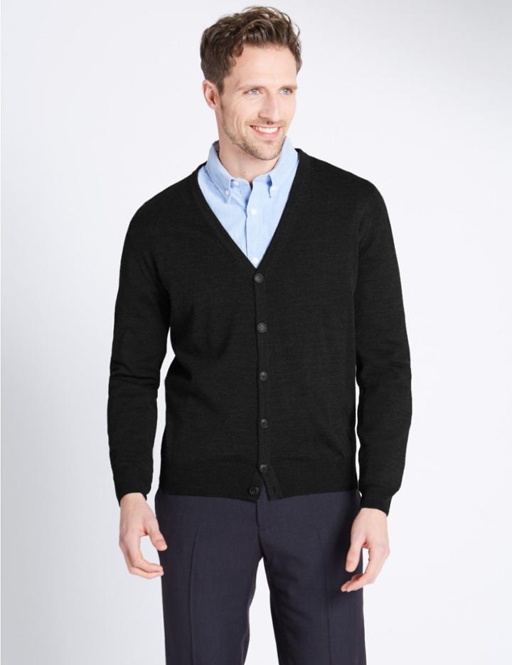 Marks & Spencer Merino Wool Blend Tailored Fit Cardigan Black Mix