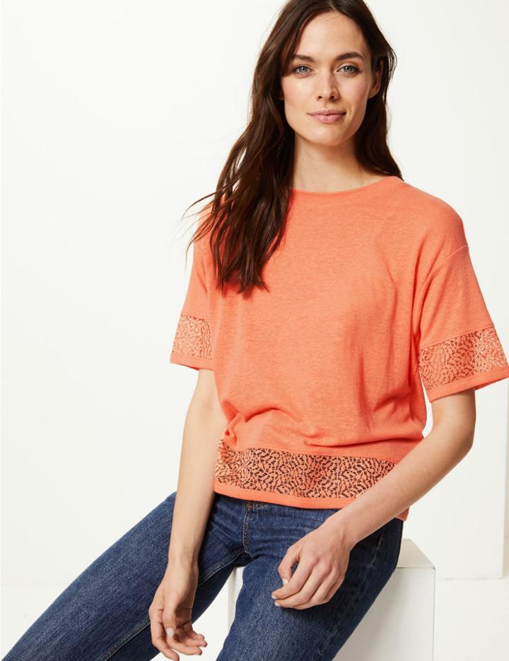 Marks & Spencer Lace Hem Round Neck Short Sleeve T-shirt Light Coral