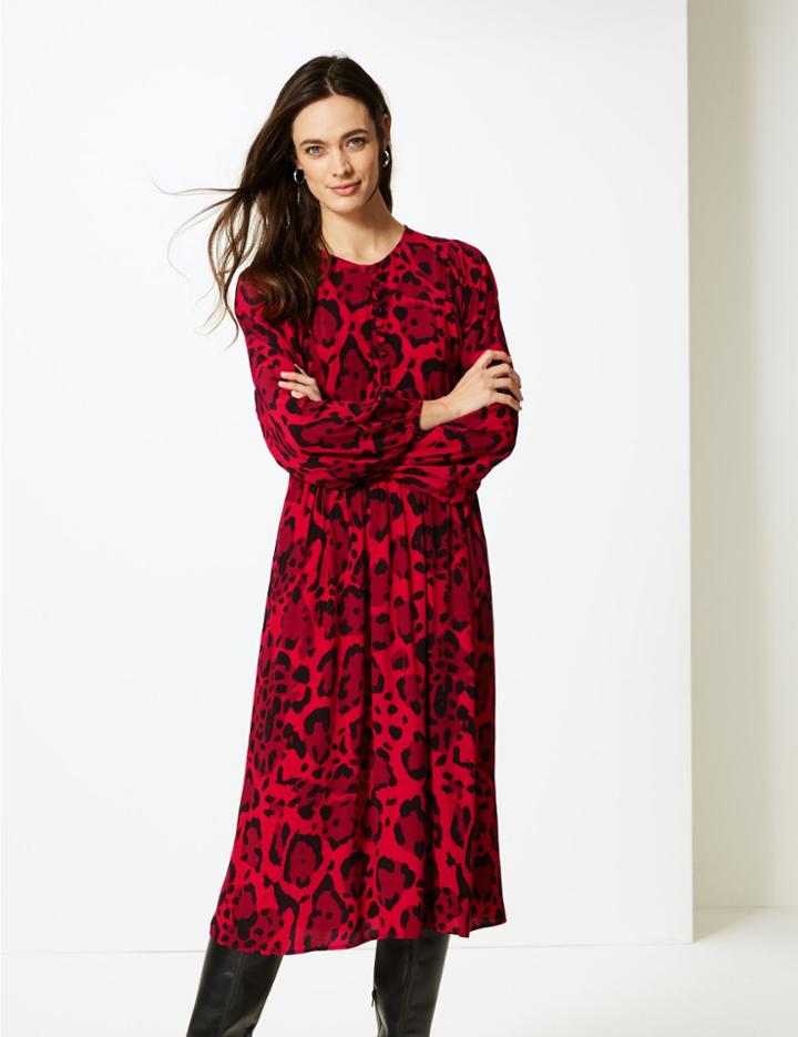 Marks & Spencer Animal Print Long Sleeve Tea Midi Dress Red Mix