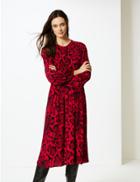 Marks & Spencer Animal Print Long Sleeve Tea Midi Dress Red Mix