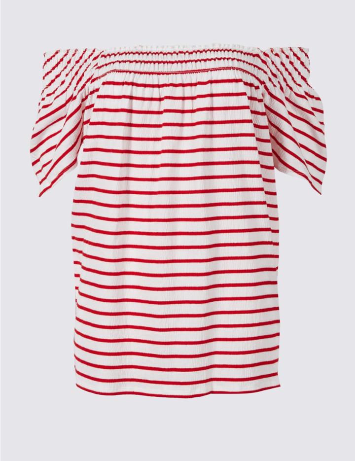 Marks & Spencer Cotton Rich Striped Short Sleeve Top Red Mix
