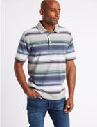 Marks & Spencer Slim Fit Pure Cotton Striped Polo Shirt Mid Grey Marl