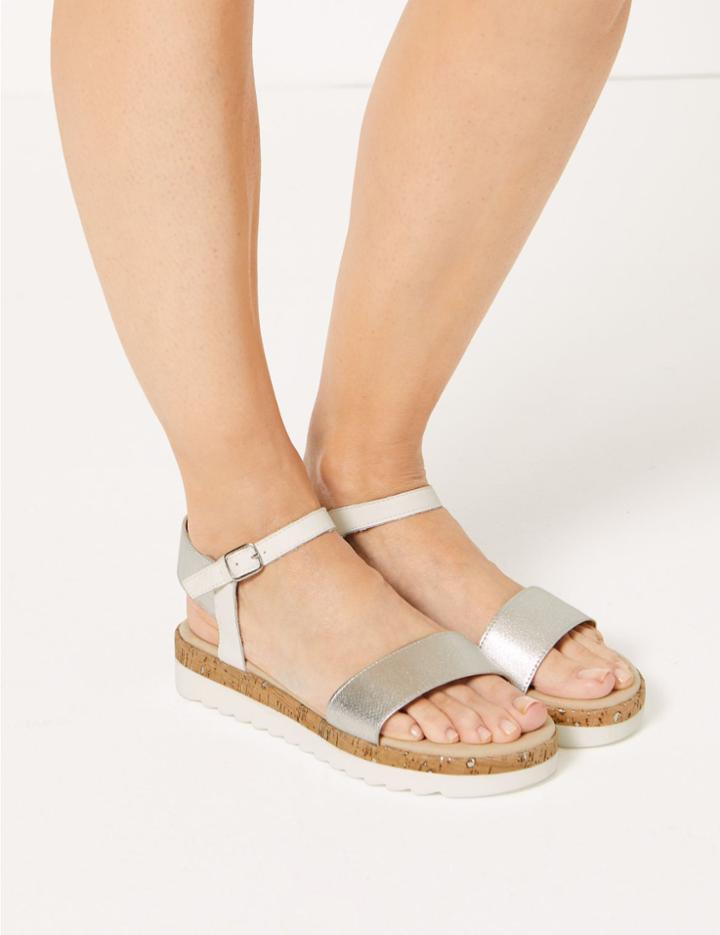 Marks & Spencer Leather Flatform Ankle Strap Sandals Silver Mix