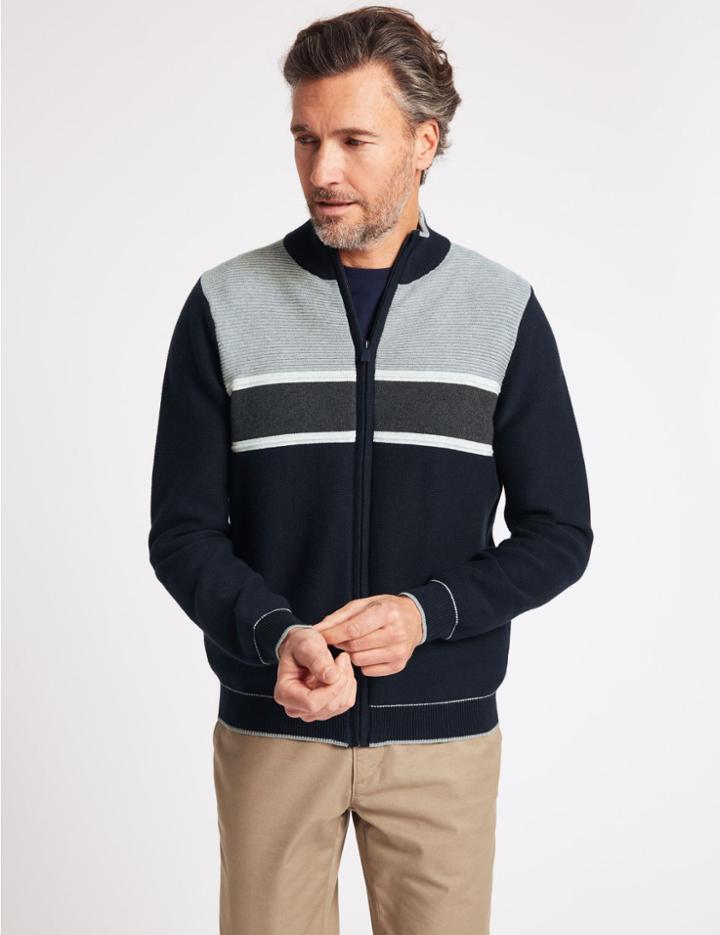 Marks & Spencer Cotton Rich Striped Zipped Through Cardigan Navy/grey