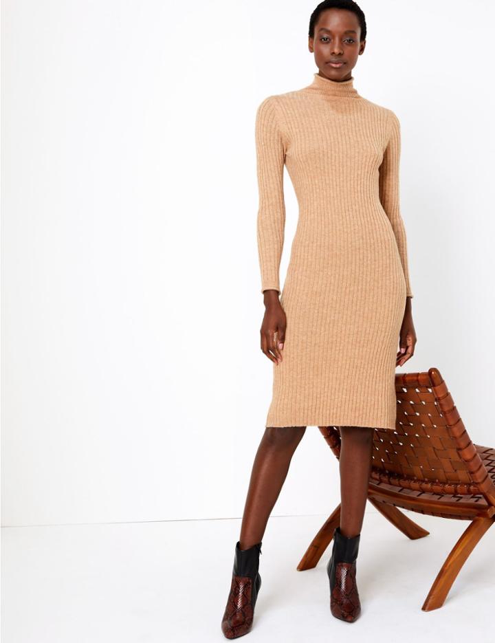 Marks & Spencer Ribbed Knitted Midi Dress Camel