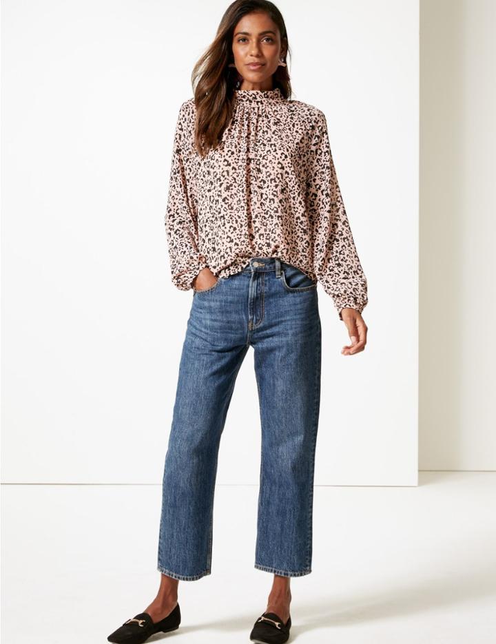 Marks & Spencer Animal Print Funnel Neck Long Sleeve Blouse Pink Mix