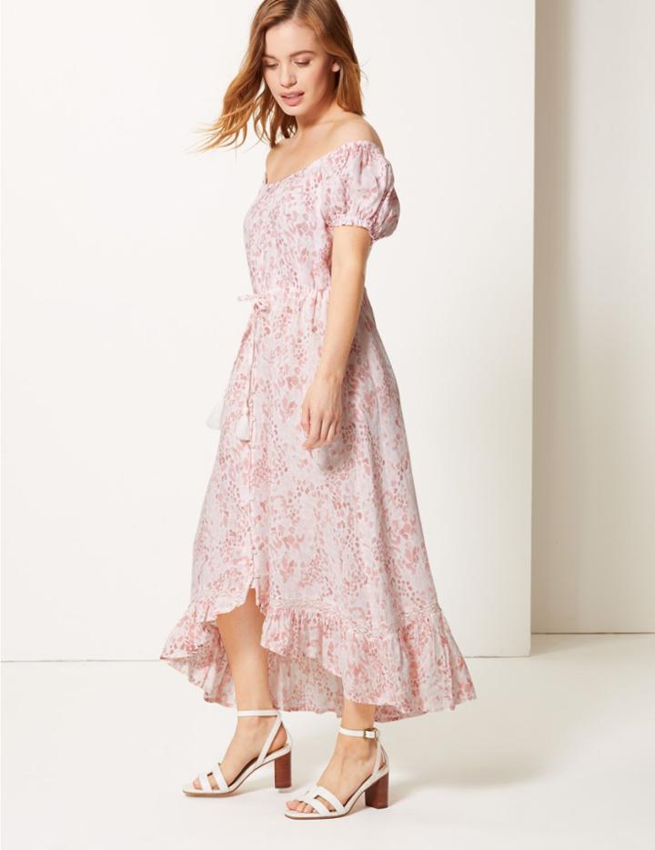 Marks & Spencer Petite Pure Linen Waisted Midi Dress Light Pink Mix