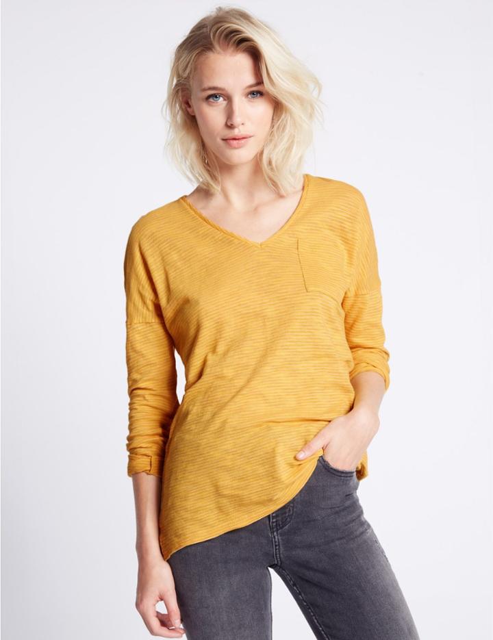 Marks & Spencer Striped V-neck Long Sleeve Jersey Top Ochre