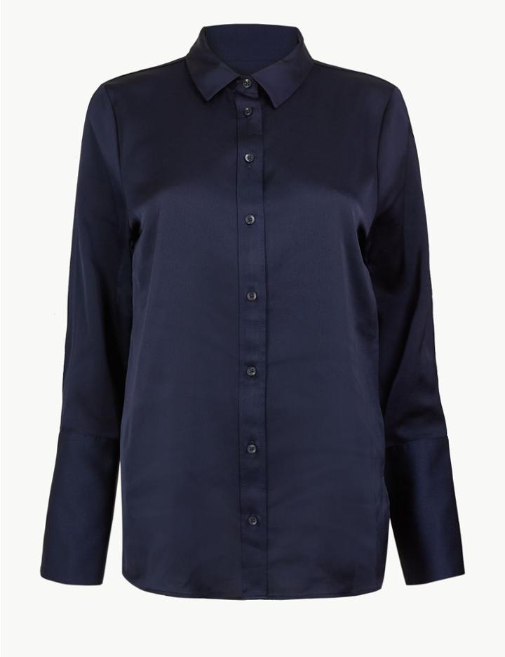 Marks & Spencer Satin Flared Cuff Shirt Navy