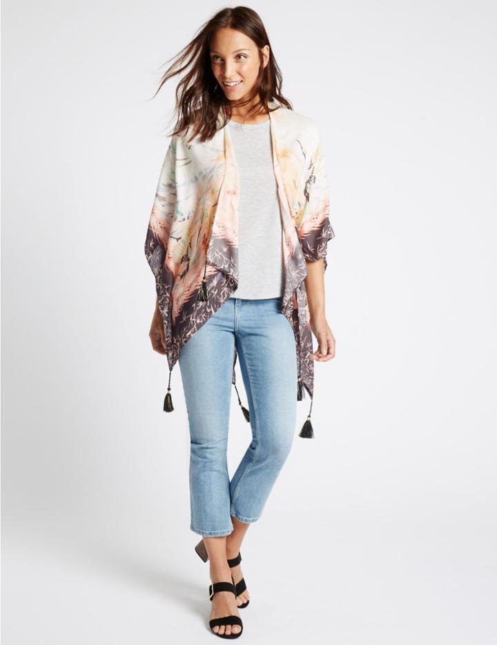 Marks & Spencer Pure Modal Border Floral Kimono Cream Mix
