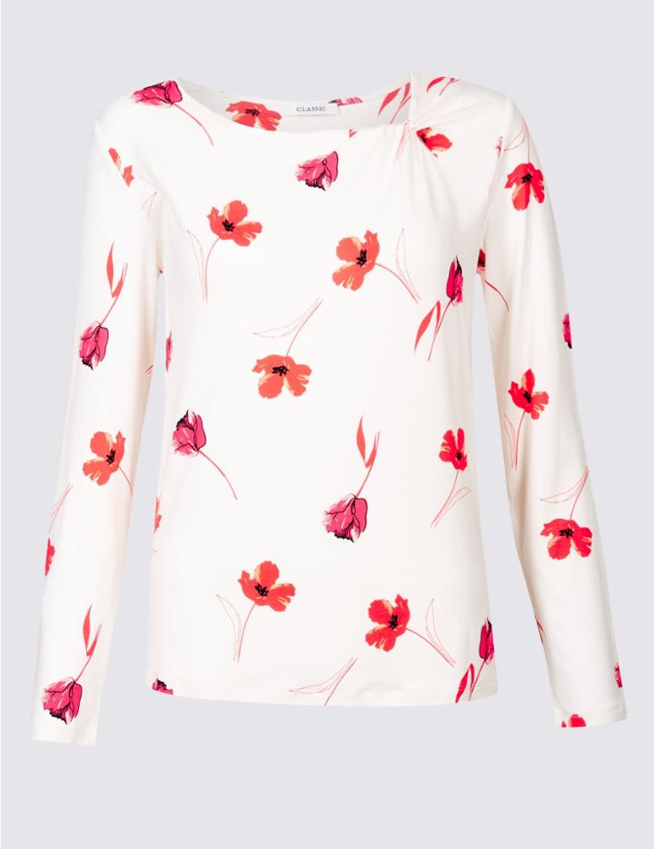Marks & Spencer Floral Print Twisted Neck Long Sleeve Top Ivory Mix