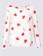 Marks & Spencer Floral Print Twisted Neck Long Sleeve Top Ivory Mix