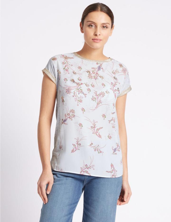 Marks & Spencer Floral Print Short Sleeve Jersey Top Grey Mix