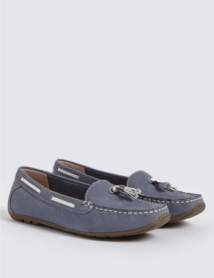 Marks & Spencer Wide Fit Leather Tassal Boat Shoes Pale Blue