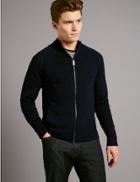 Marks & Spencer Cotton Blend Checked Slim Fit Jumper Navy