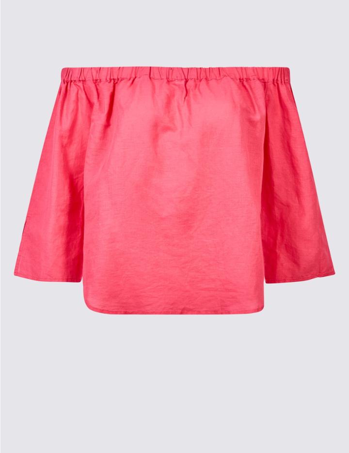 Marks & Spencer Linen Rich 3/4 Sleeve Bardot Top Bright Pink