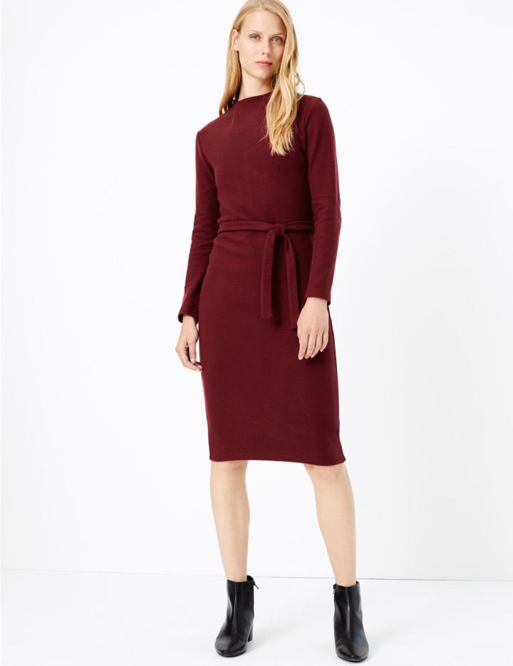 Marks & Spencer Belted Shift Midi Dress Claret