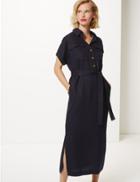 Marks & Spencer Linen Blend Midi Shirt Dress Navy