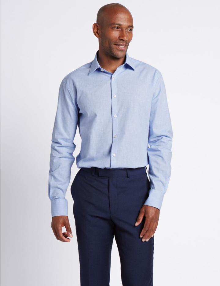 Marks & Spencer Linen Blend Tailored Fit Checked Shirt Light Blue Mix