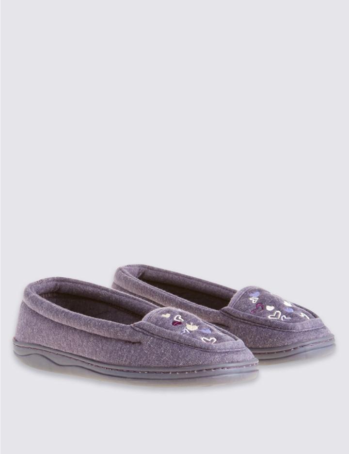 Marks & Spencer Heart Embroidered Moccasin Slippers Purple Mix