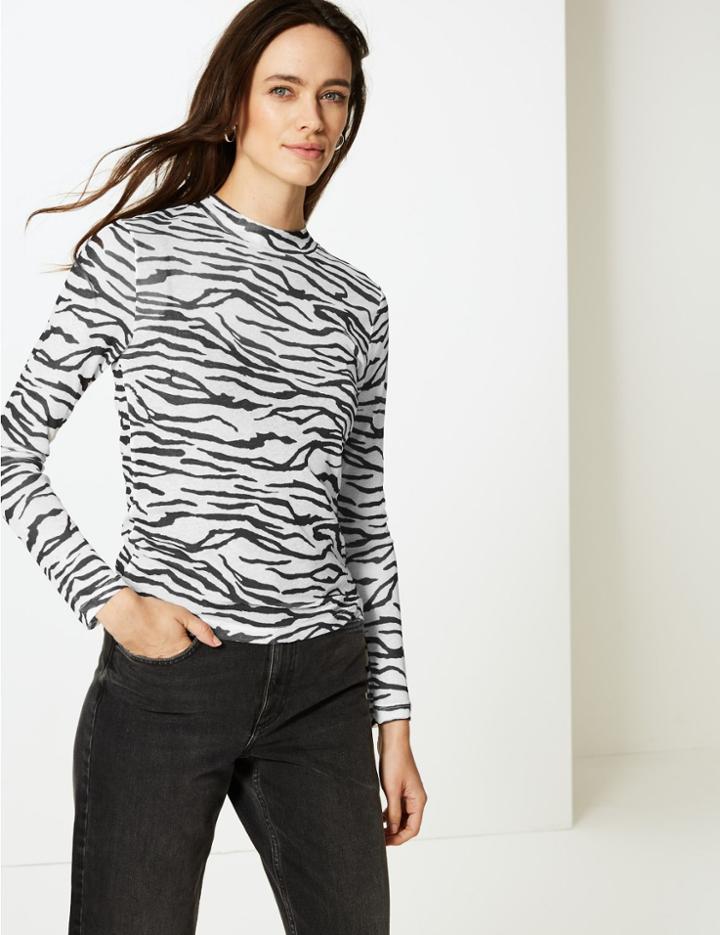 Marks & Spencer Animal Print Long Sleeve Sheer Top Black Mix
